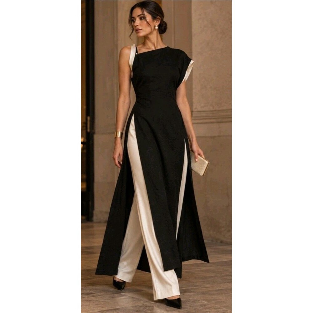 NWT GIAO by Miên Black Asymmetric Midi Dress High Side Slits Modern Vietnamese M